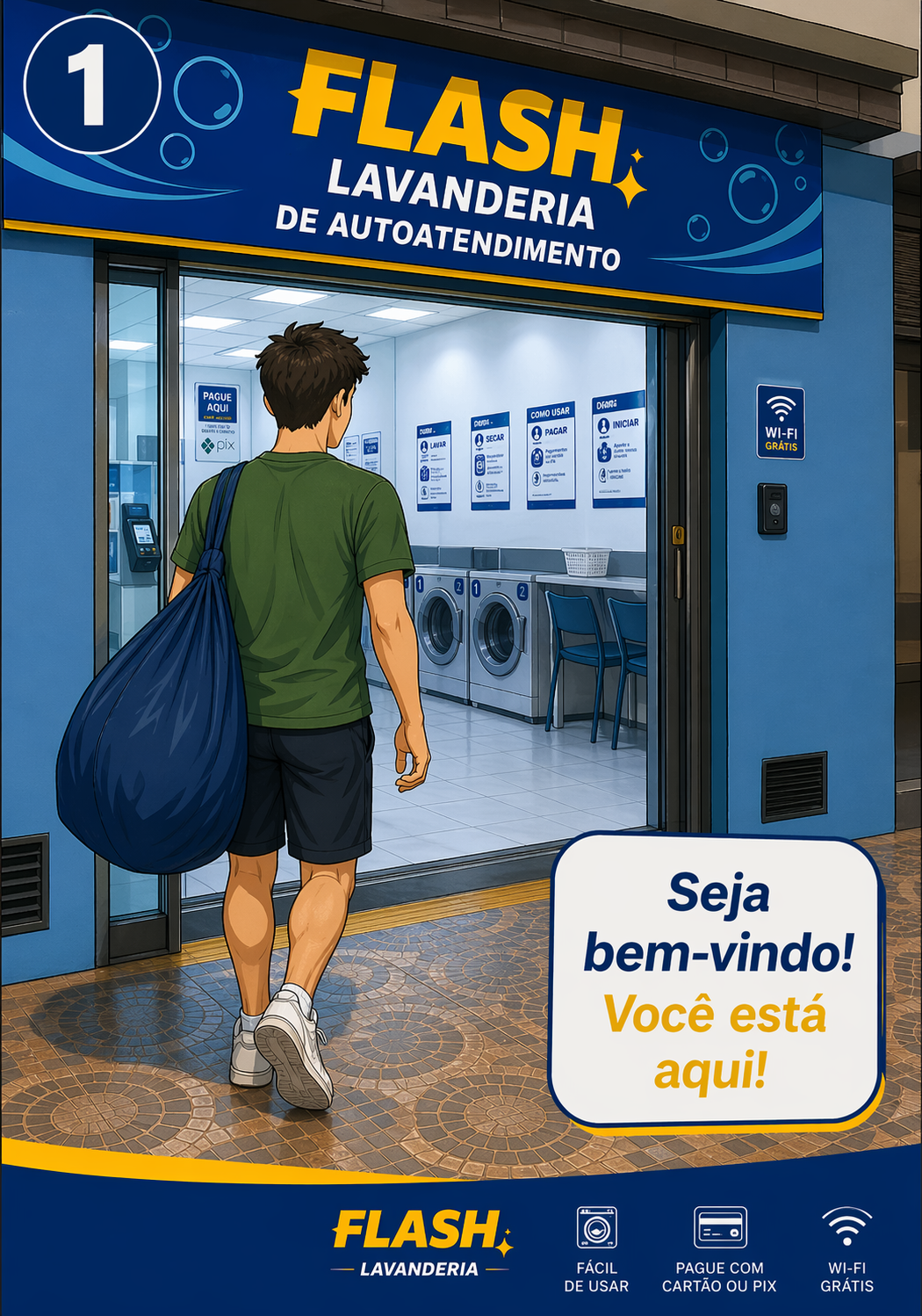 Ilustração de boas-vindas na entrada da Flash Lavanderia