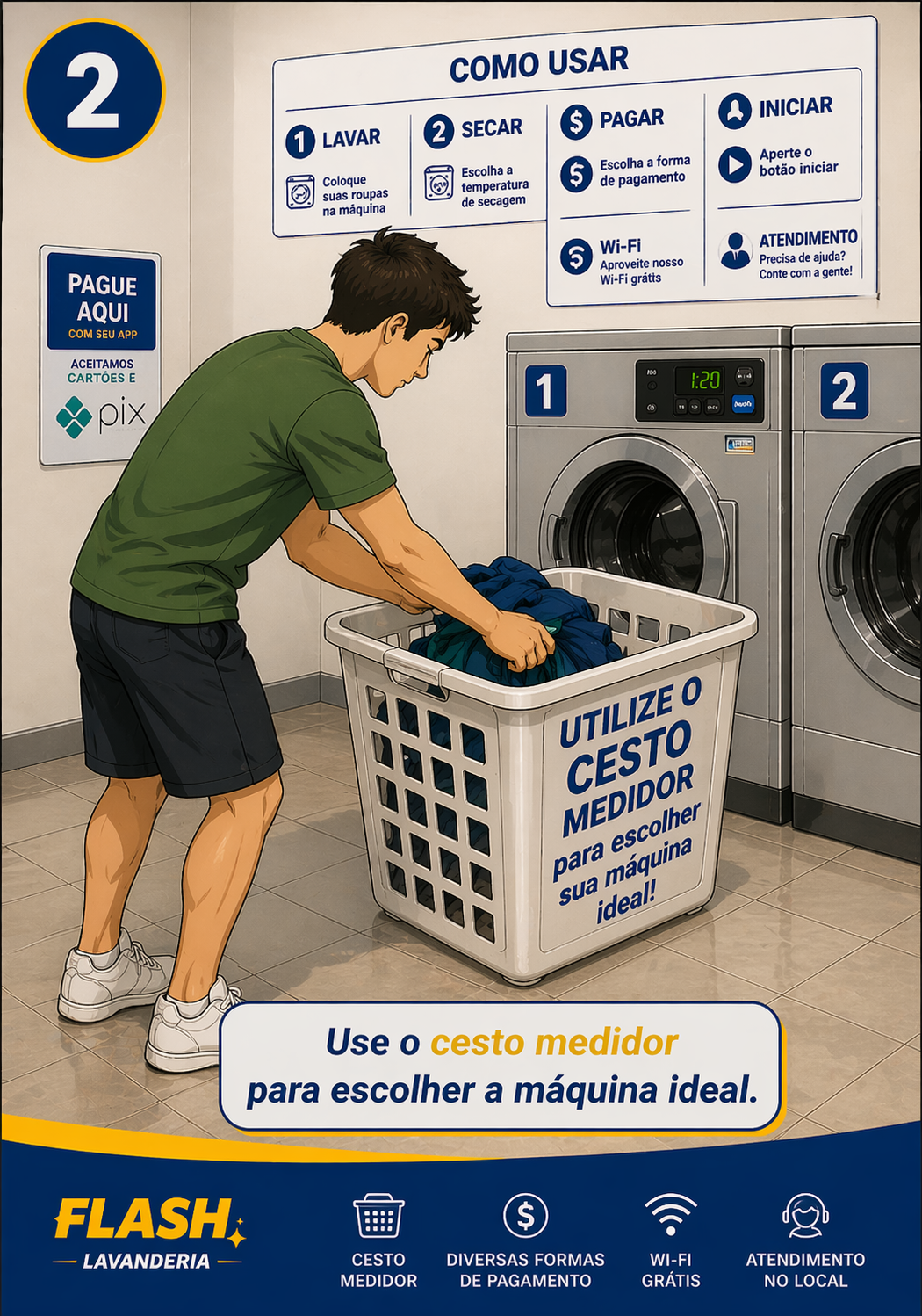 Ilustração de cliente usando o cesto medidor para escolher a máquina