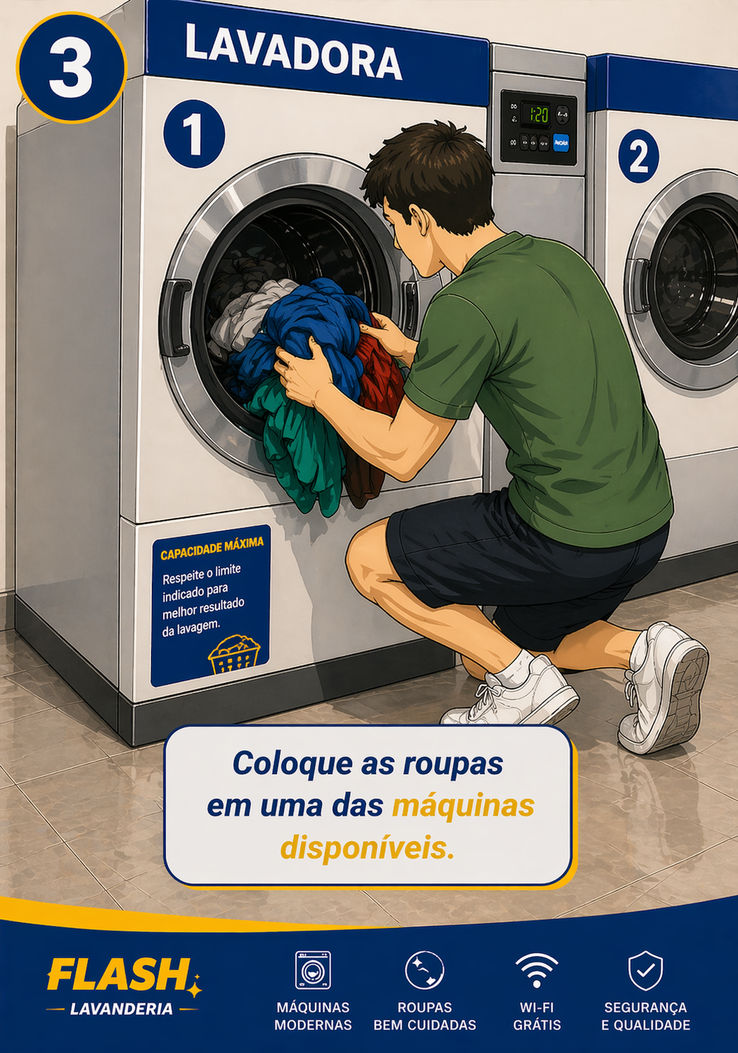 Ilustração de cliente colocando as roupas na lavadora