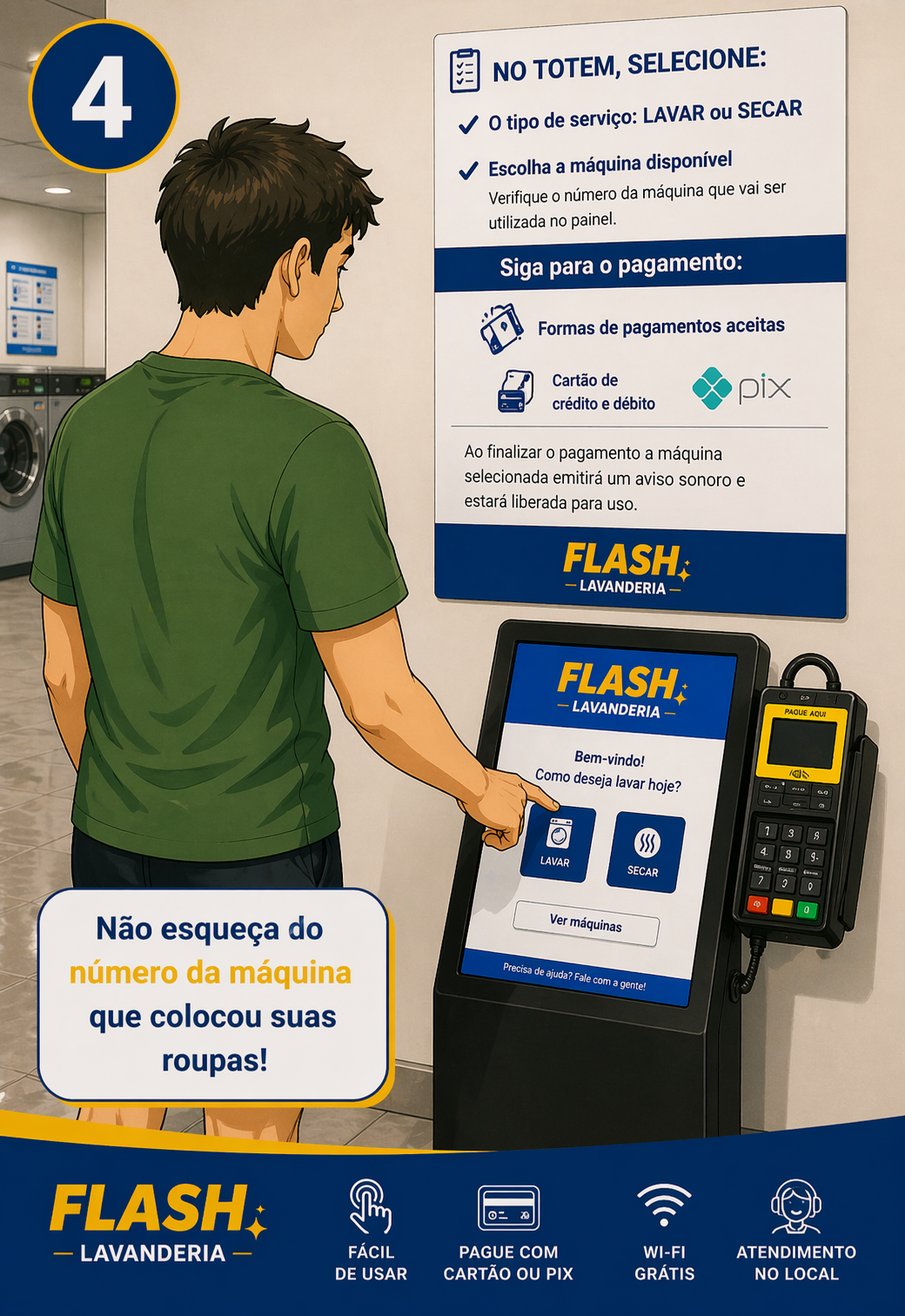 Ilustração de cliente selecionando o serviço e pagando no totem