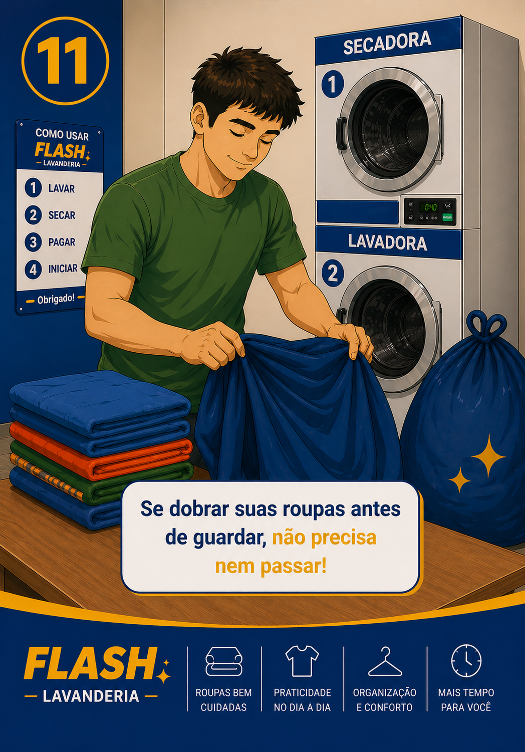 Ilustração de cliente dobrando as roupas depois da secagem