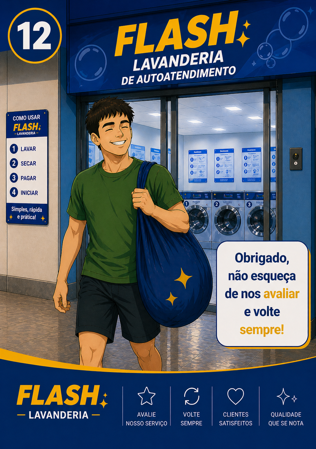 Ilustração de cliente saindo satisfeito da Flash Lavanderia